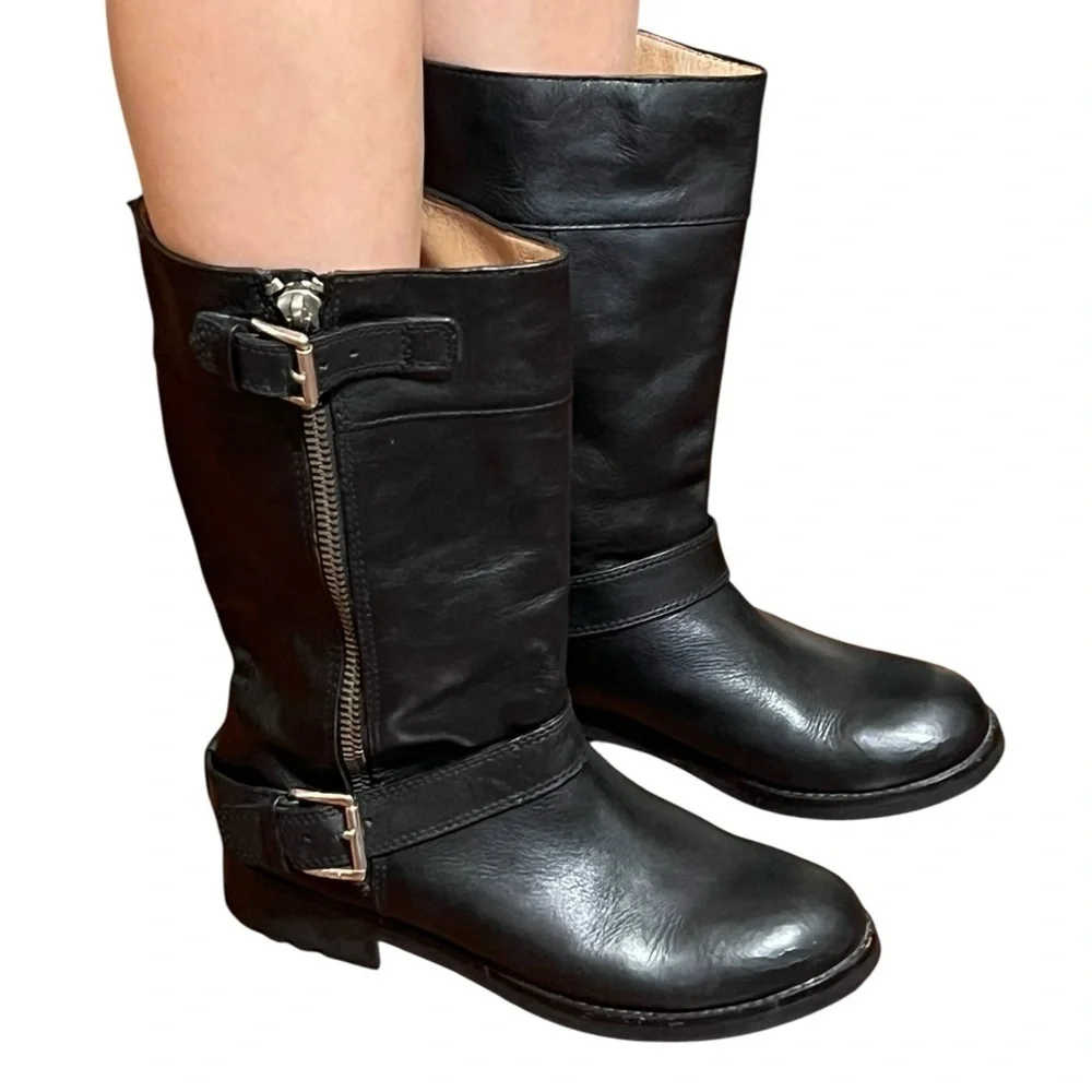 Coach Gracey black‎ leather moto Mid-Calf Boots